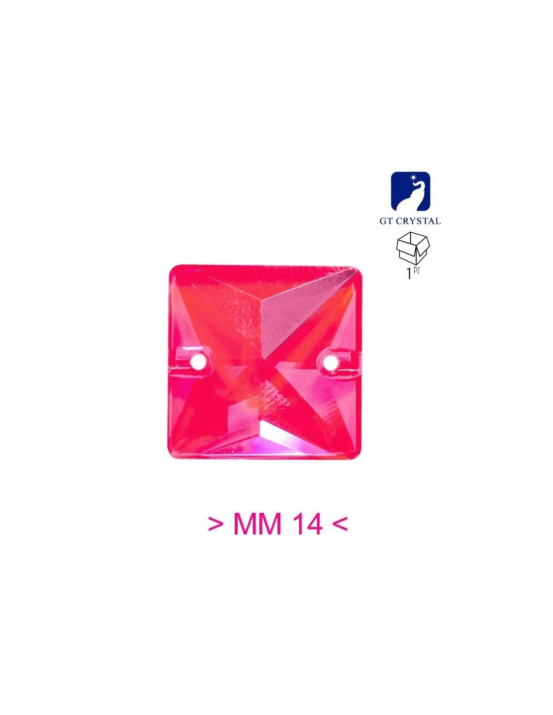 Pietra da Cucire in Cristallo GT Crystal Quadrato mm 14 Rosa Fluo AB - 1PZ