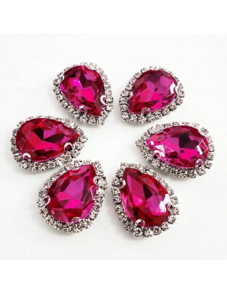 Pietra Goccia cm 2,5X3,5 Fuchsia-Silver - 1PZ - Pietre da cucire con castone