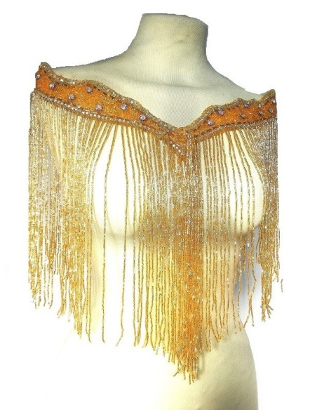 Fringe Single sided at Bugles with strass edge cm. 65x29 Gold- 1PC - Fringes and Feathers