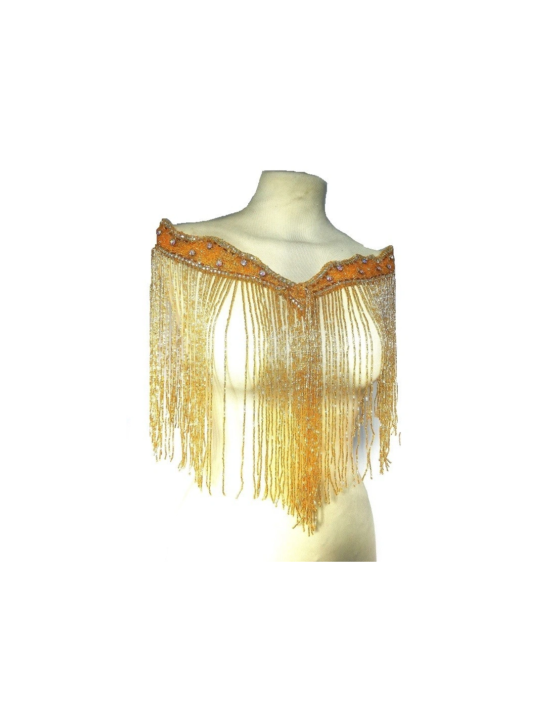 Fringe Single sided at Bugles with strass edge cm. 65x29 Gold- 1PC - Fringes and Feathers