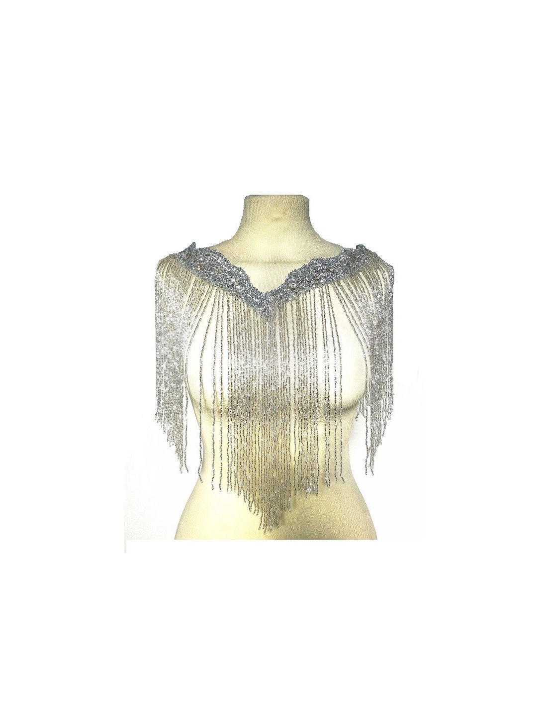 Fringe Single sided at Bugles with strass edge cm. 49x29 Silver- 1PC - Fringes and Feathers