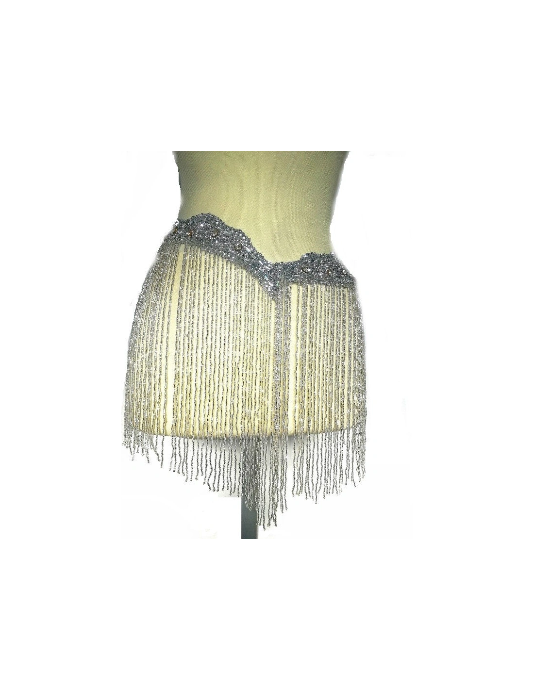 Fringe Single sided at Bugles with strass edge cm. 49x29 Silver- 1PC - Fringes and Feathers