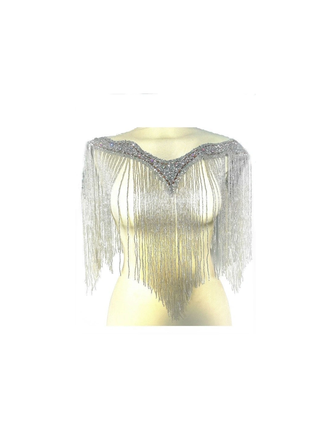 Fringe Double sided at Bugles with strass edge cm. 61x29 Silver - 1PC - Fringes and Feathers