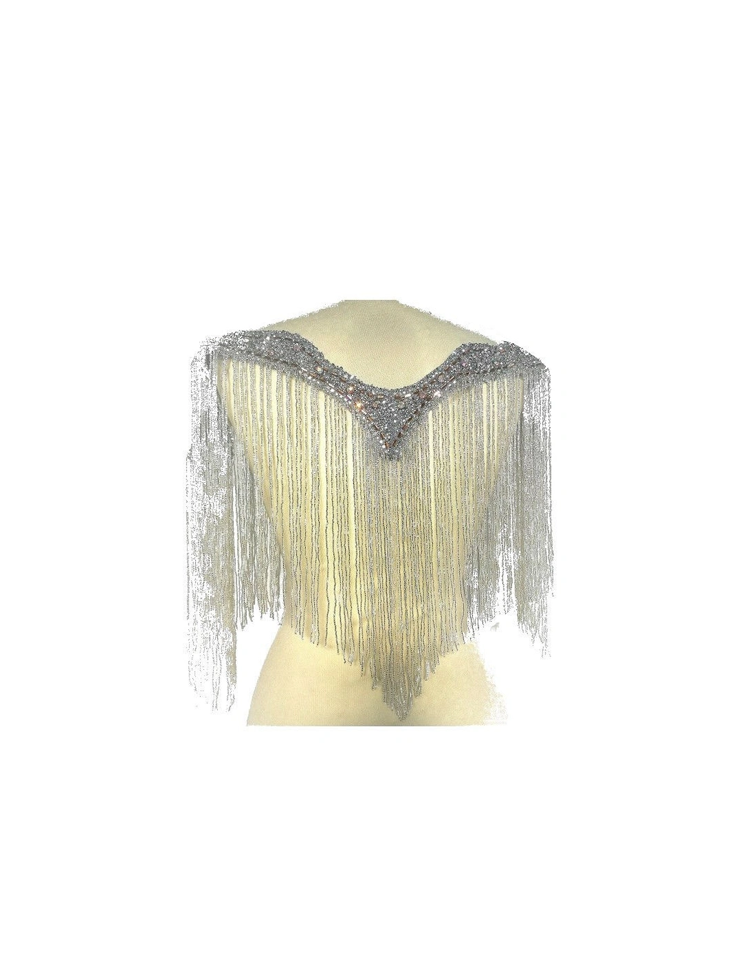 Fringe Double sided at Bugles with strass edge cm. 61x29 Silver - 1PC - Fringes and Feathers