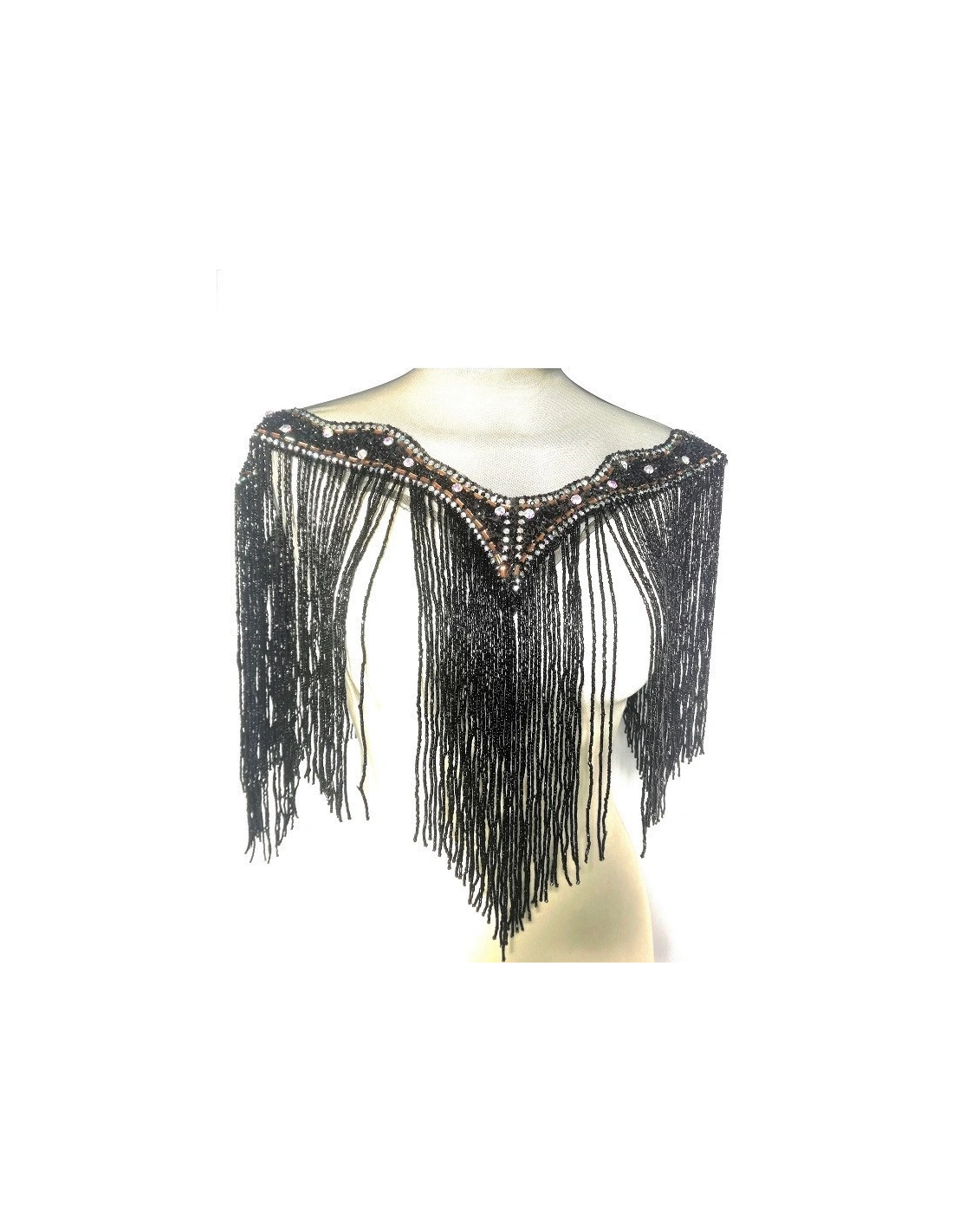 Fringe Double sided at Bugles with strass edge cm. 61x29 Jet - 1PC - Fringes and Feathers