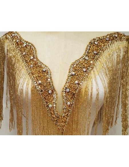 Fringe Single sided at Bugles with strass edge cm. 65x29 Gold- 1PC - Fringes and Feathers