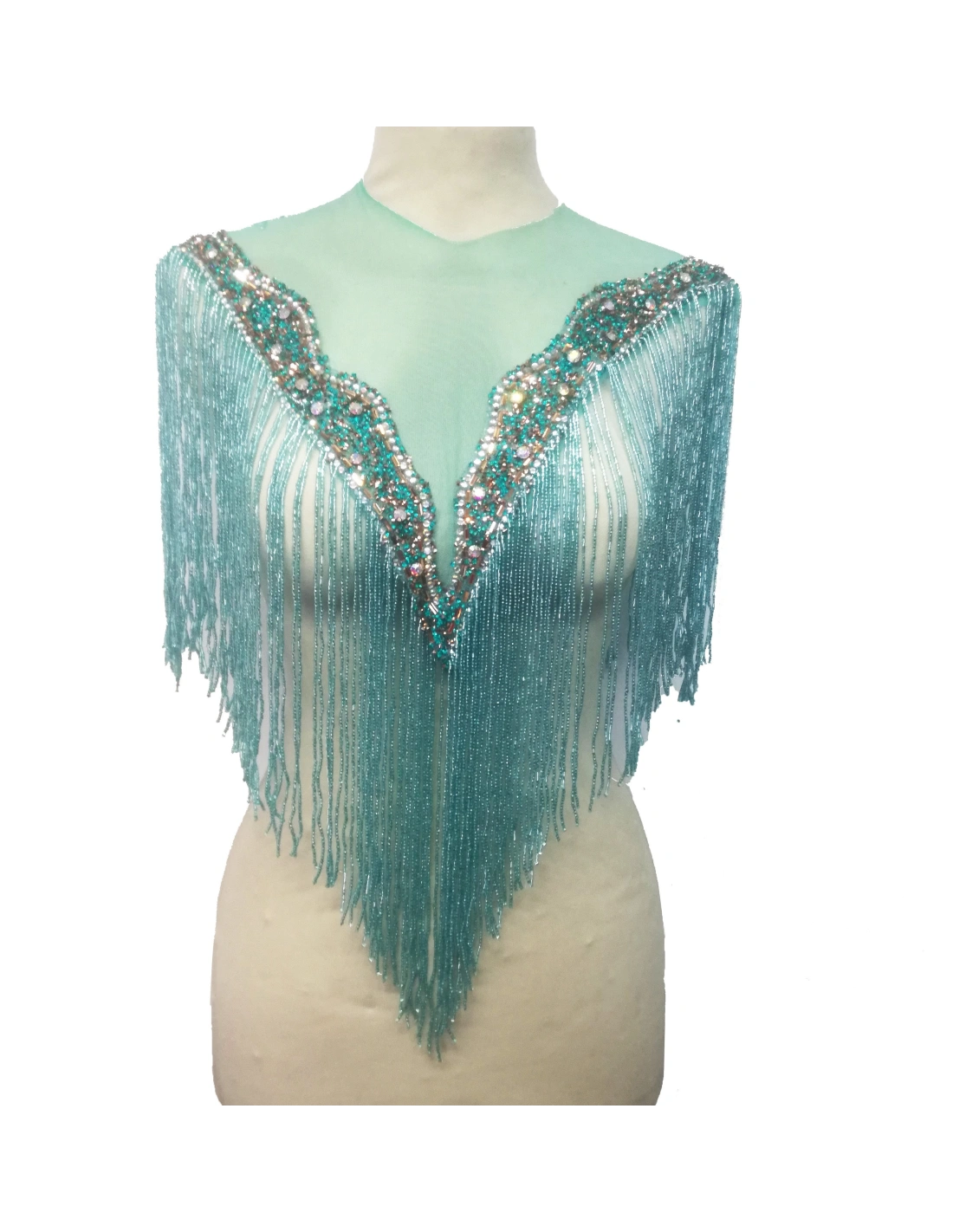 Fringe Double sided at Bugles with strass edge cm. 61x29 Aqua - 1PC - Fringes and Feathers