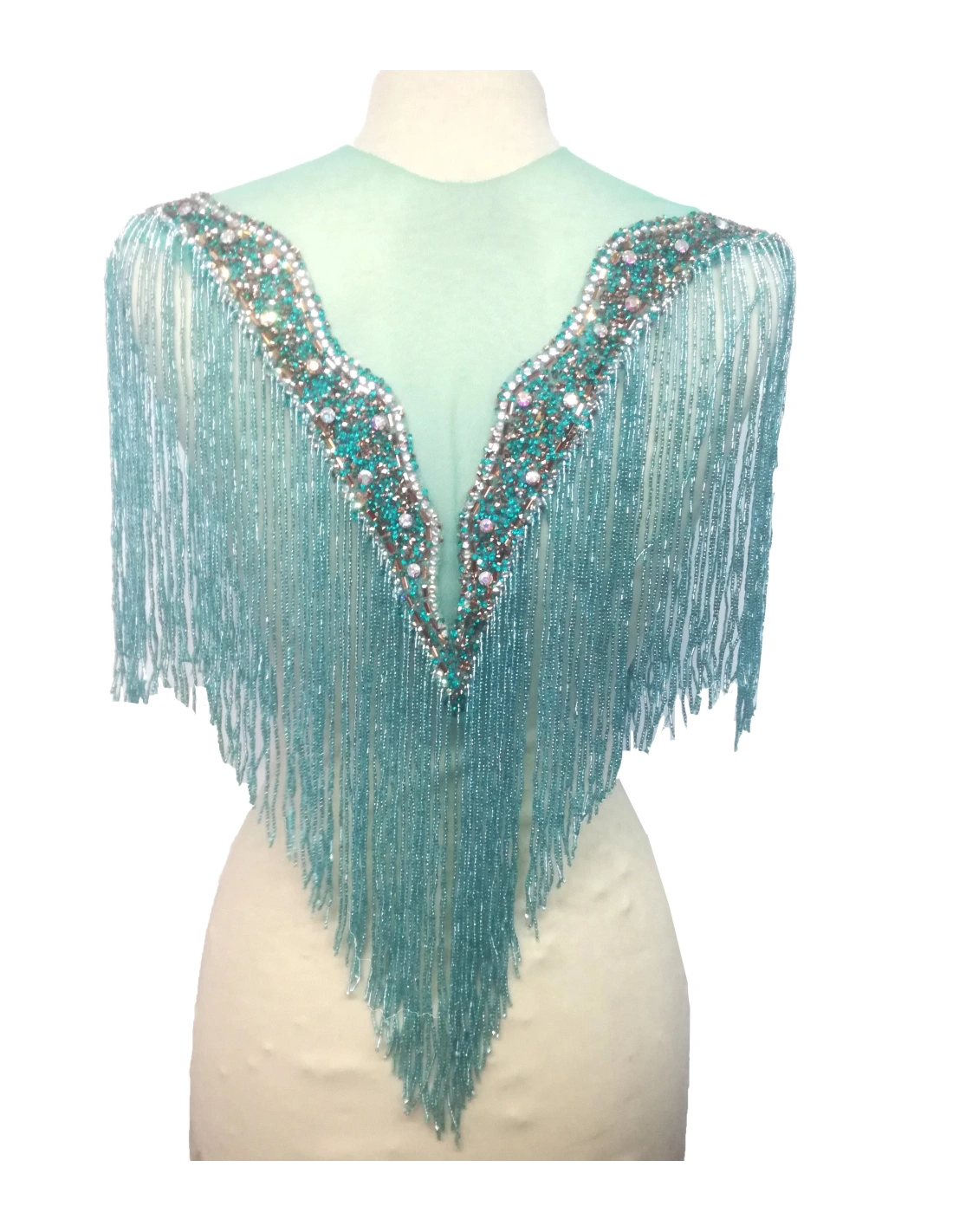 Fringe Double sided at Bugles with strass edge cm. 61x29 Aqua - 1PC - Fringes and Feathers