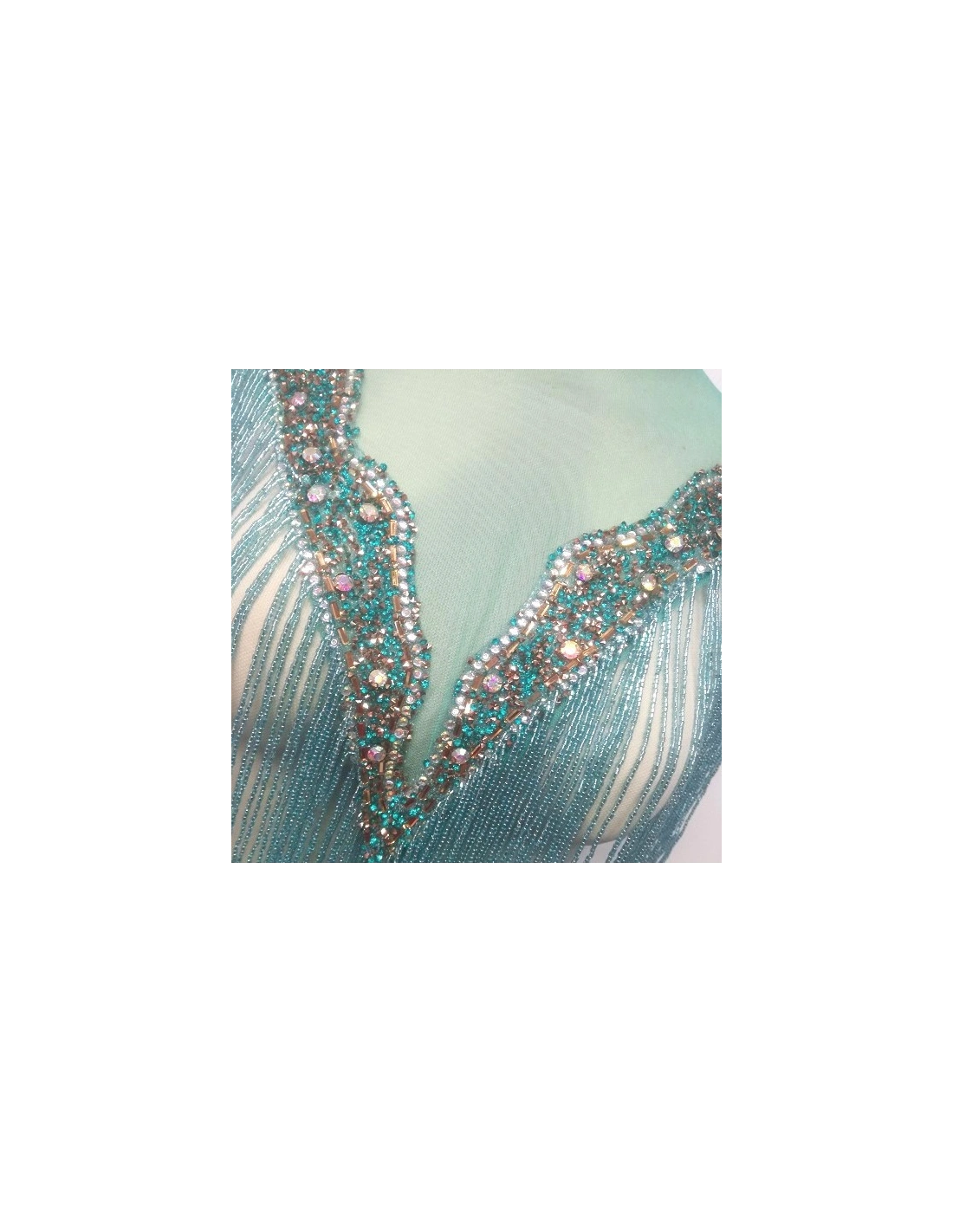 Fringe Double sided at Bugles with strass edge cm. 61x29 Aqua - 1PC - Fringes and Feathers