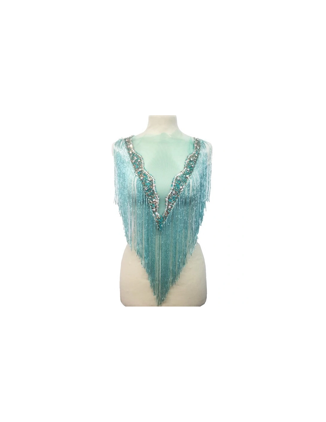 Fringe Single sided at Bugles with strass edge cm. 49x29 Aqua - 1PC - Fringes and Feathers