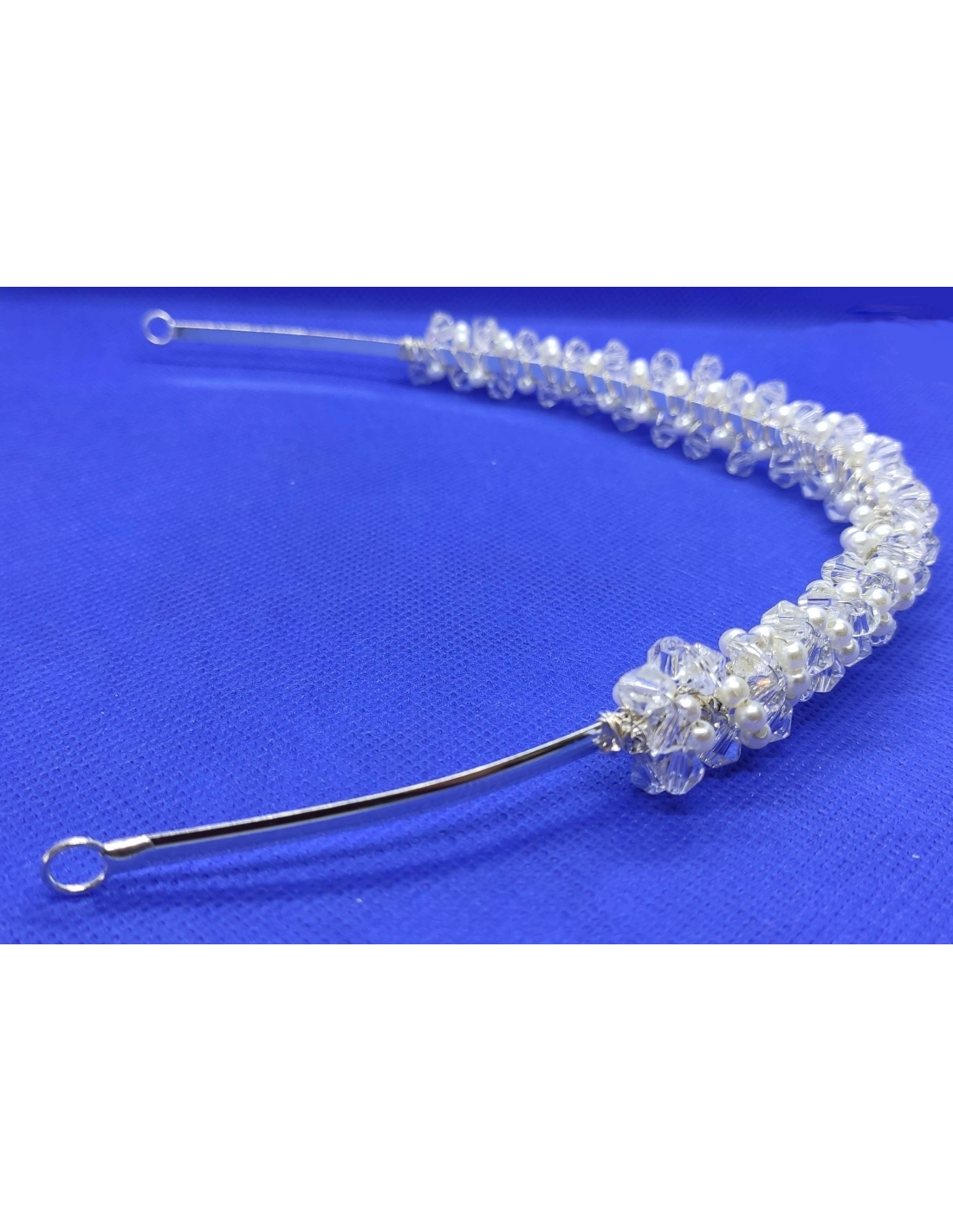 Cerchietto da Sposa cm 34X3 Strass-Perle-Biconi su filo in metallo Silver