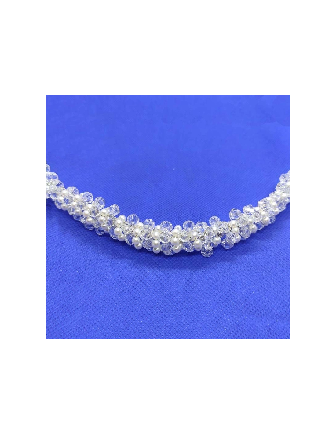 Cerchietto da Sposa cm 34X3 Strass-Perle-Biconi su filo in metallo Silver