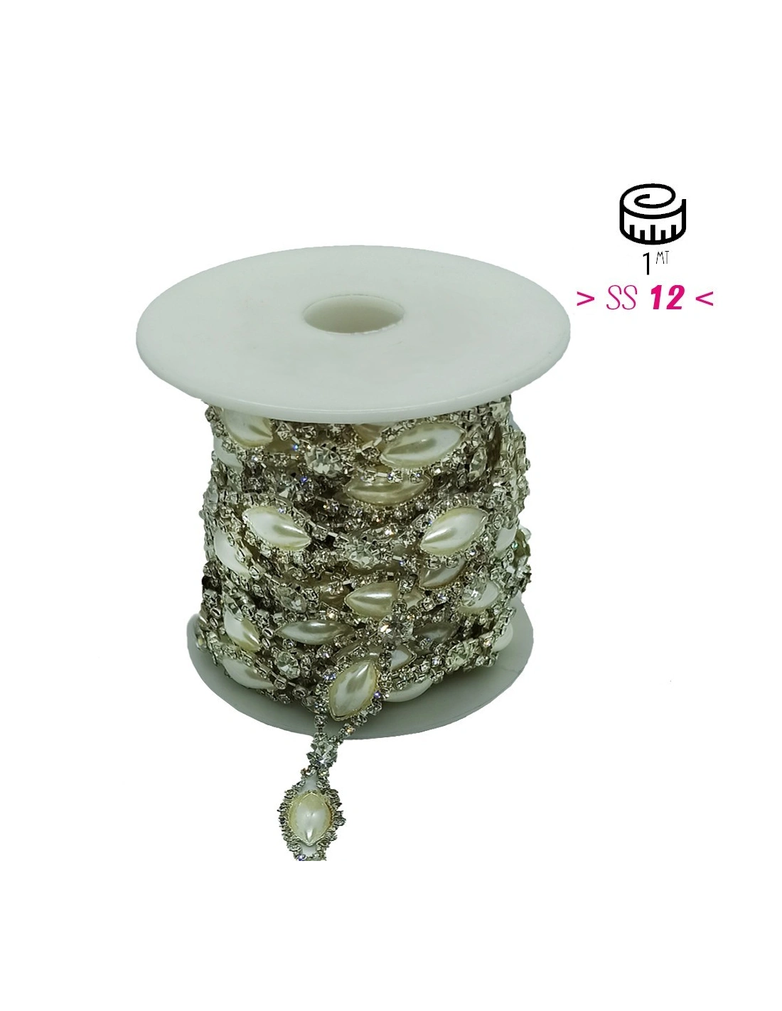 Catena Strass Gioiello cm 1,3 Crystal-Pietra-Silver - 1 MT