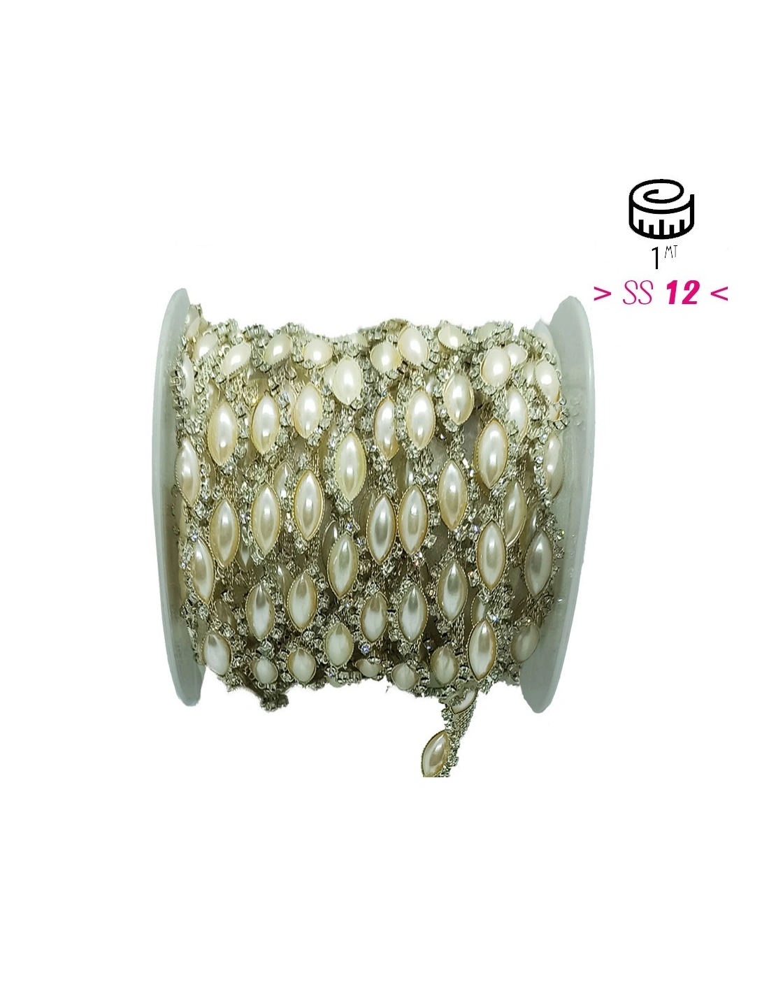 Catena Strass Gioiello cm 1,6 Crystal-Perle-Silver - 1MT