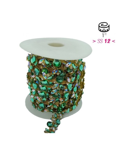 Catena Strass Gioiello cm 1,6 Crystal-Pietra 32 AB -Gold - 1MT