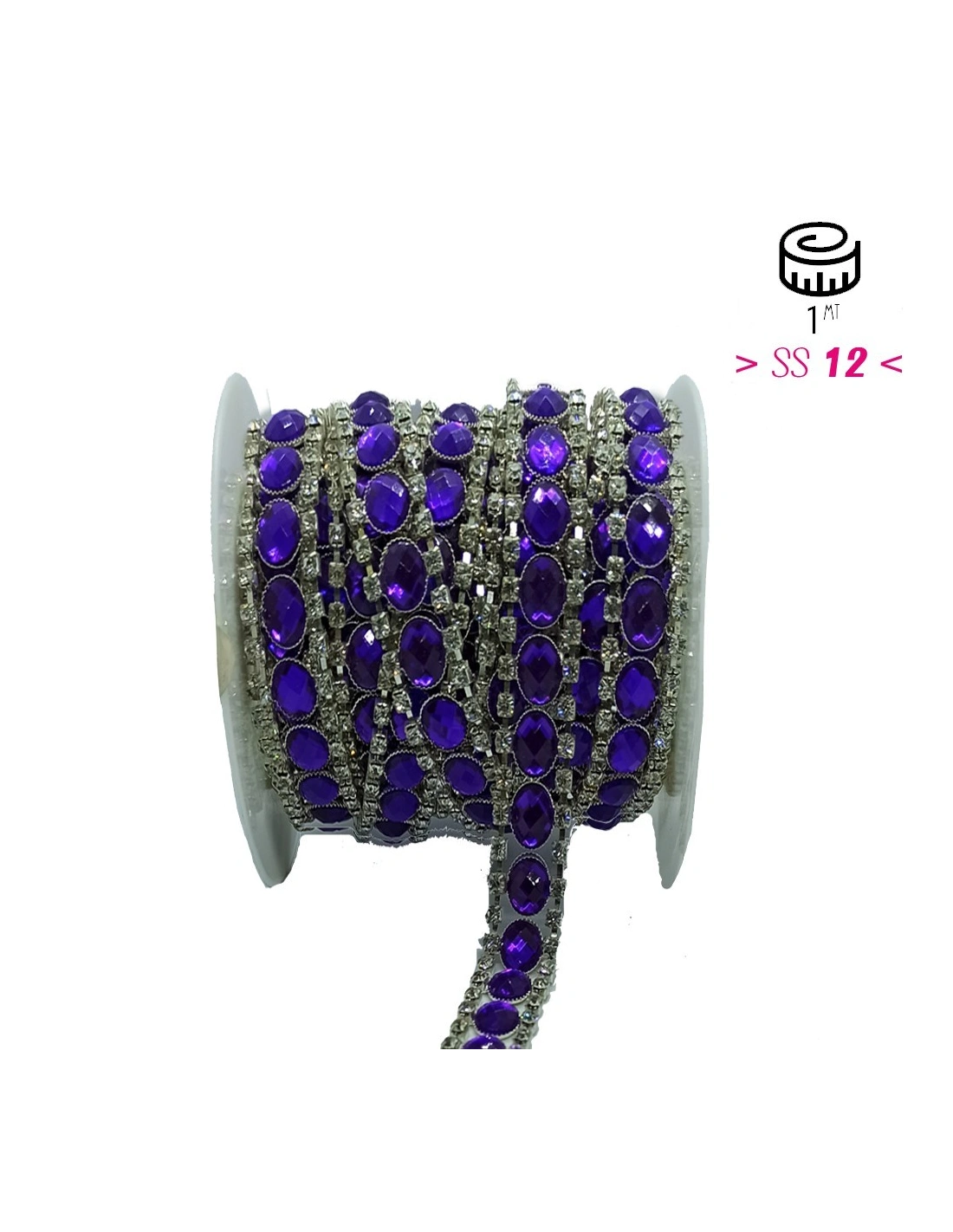 Catena Strass Gioiello cm 1,6 Pietra Purple-Strass Crystal-Silver - 1MT