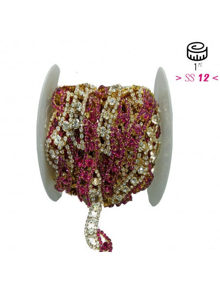 Catena Strass Gioiello cm 2,0 Strass Crystal-Fuchsia-Gold - 1MT Catena Strass Gioiello cm 2,0 Strass Crystal-Fuchsia-Gold - 1MT