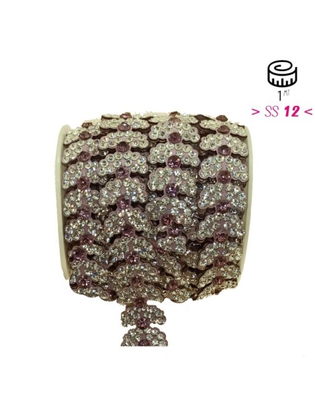 Bordura Strass Gioiello Termoadesiva a forma di Foglie cm. 2,0 Crystal/Light Rose - 1MT