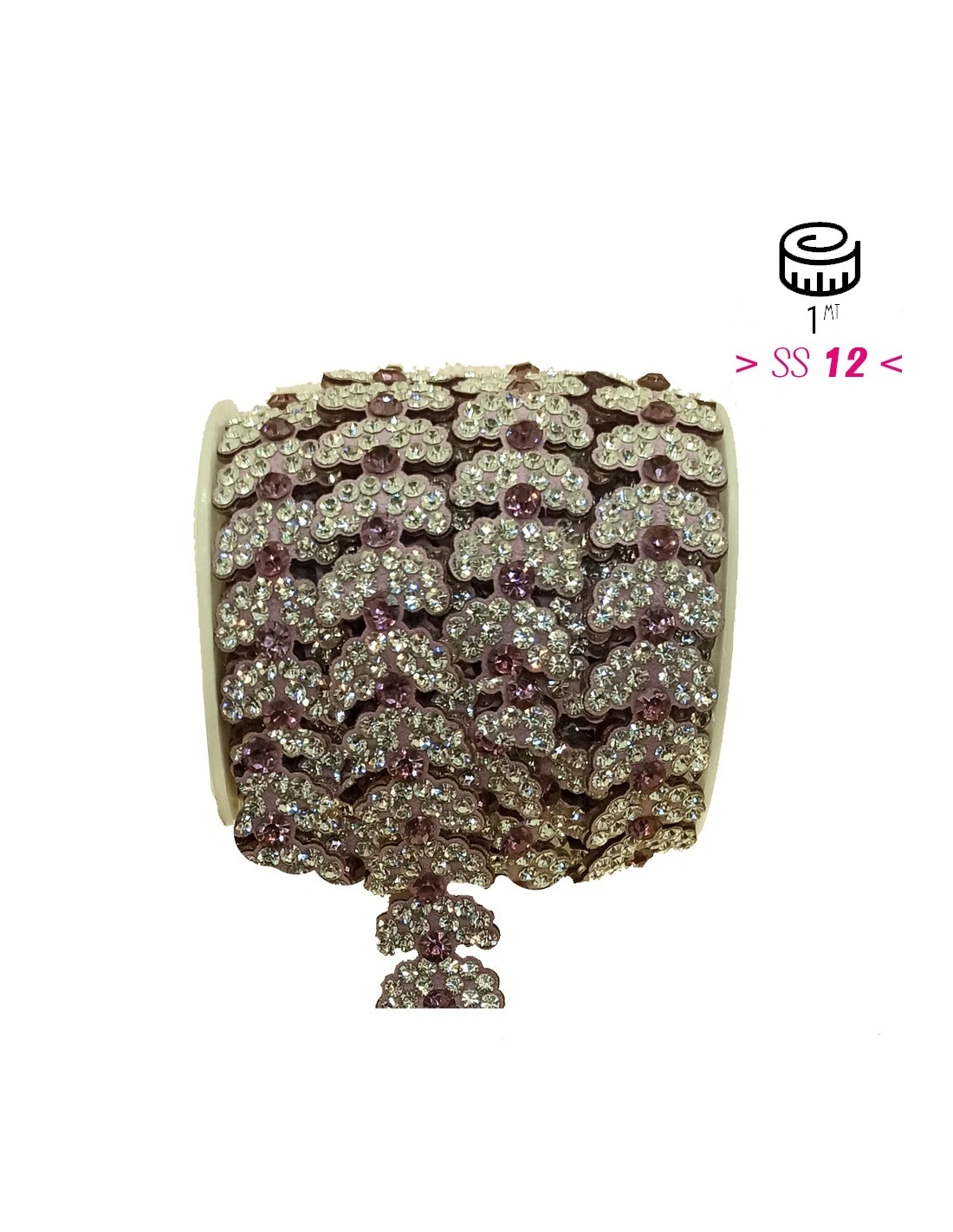 Bordura Strass Gioiello Termoadesiva a forma di Foglie cm. 2,0 Crystal/Light Rose - 1MT