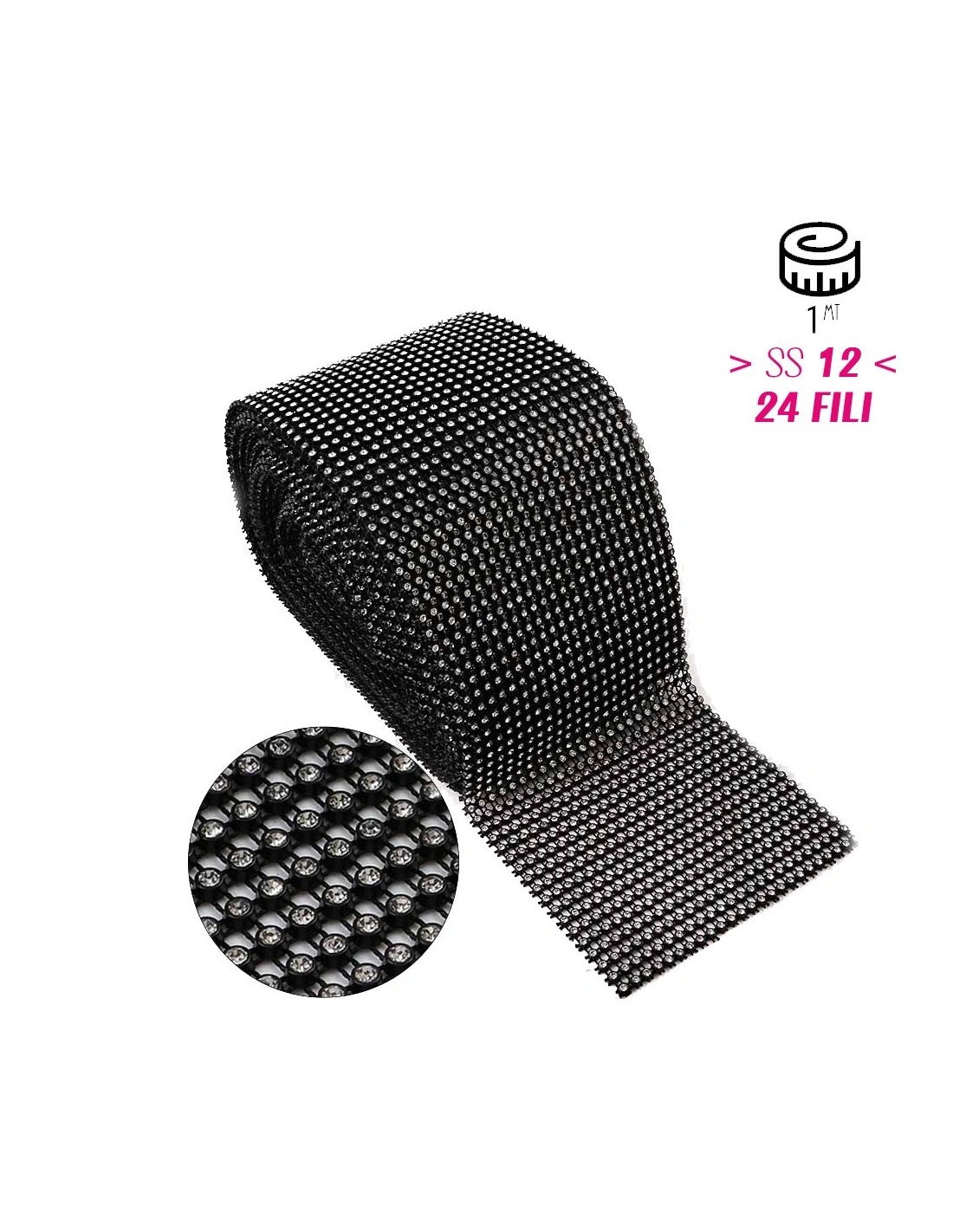 Rhinestones Plastic Banding on net SS 12 (3.20 mm) to 24 rows Black-Crystal - 20 CM - Rhinestone borders on a plastic base