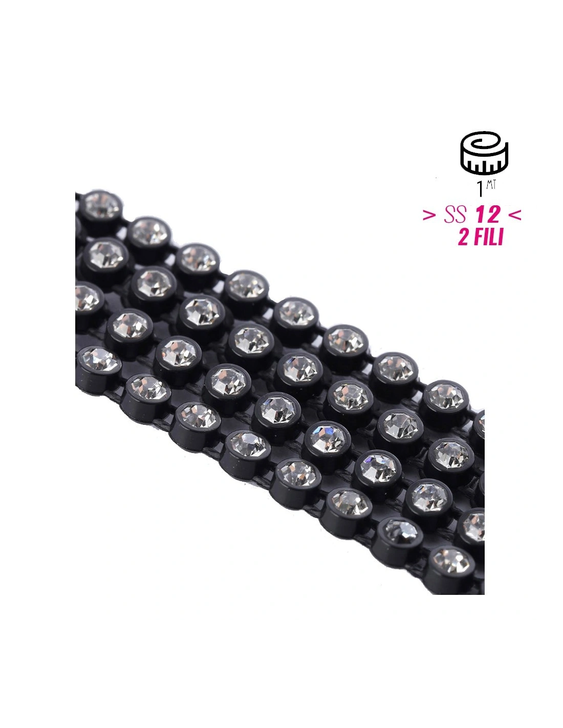 Strass Banding Plastic 2 row ss12 (mm3,20) Black -Crystal - 1MT - Rhinestone borders on a plastic base