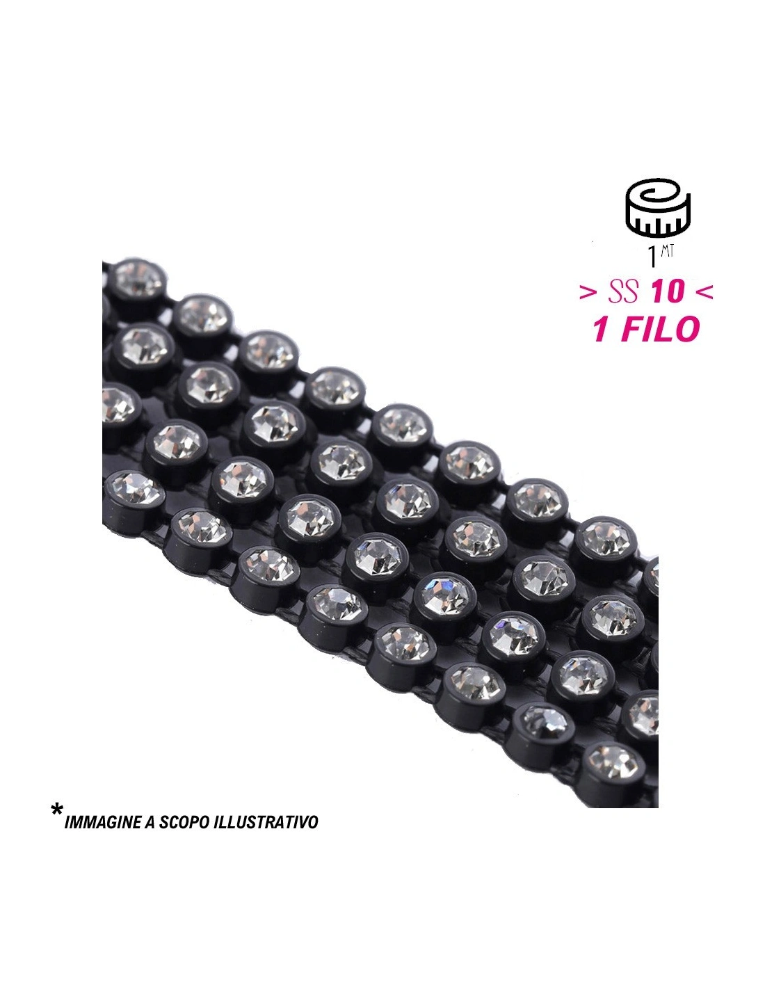 Strass Banding Plastic one row ss 10 (mm 2,80) Black-Crystal - 1MT - Rhinestone borders on a plastic base