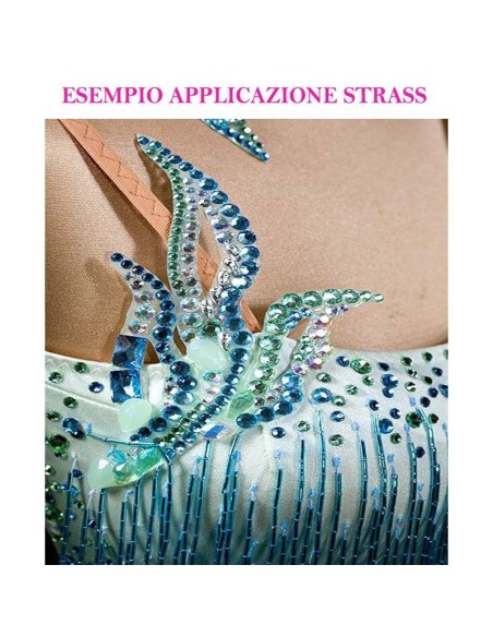 esempio apploicazione Strass Rhinestones GT Crystal Termoadesivi Hotfix ss 10 Chrysolite - 144PZ